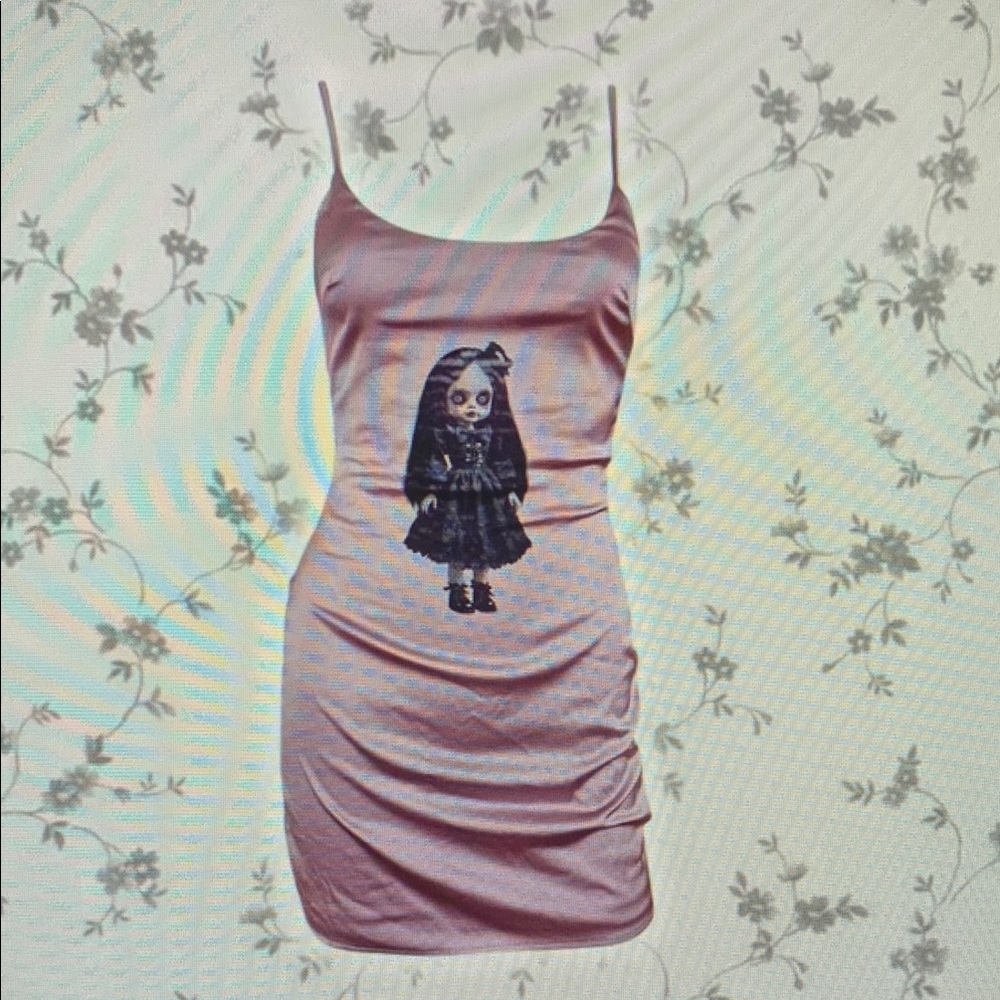 Pink Spaghetti Strap Dress with Doll Print